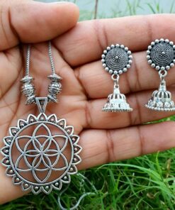 Silver Plated Oxidised Chain Necklace With Jhumka Earrings