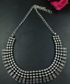 Oxidized Silver Plated Multi Layer Beaded Chain Necklace with Antique Finish Design