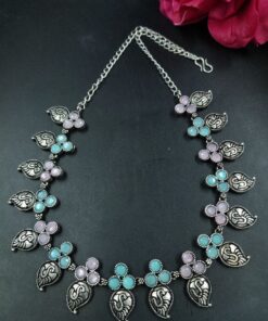 Unique Design Silver Plated Chain Necklace with Elegant Stone Work Ethnic Jewelry