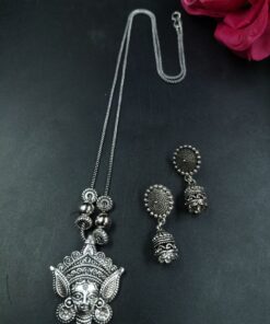 Maa Durga Silver Plated Religious Chain Pendant for Spiritual Traditional Ethnic Wear