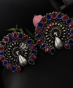 Oxidised Stone Work Peacock Stud Earrings For Girls