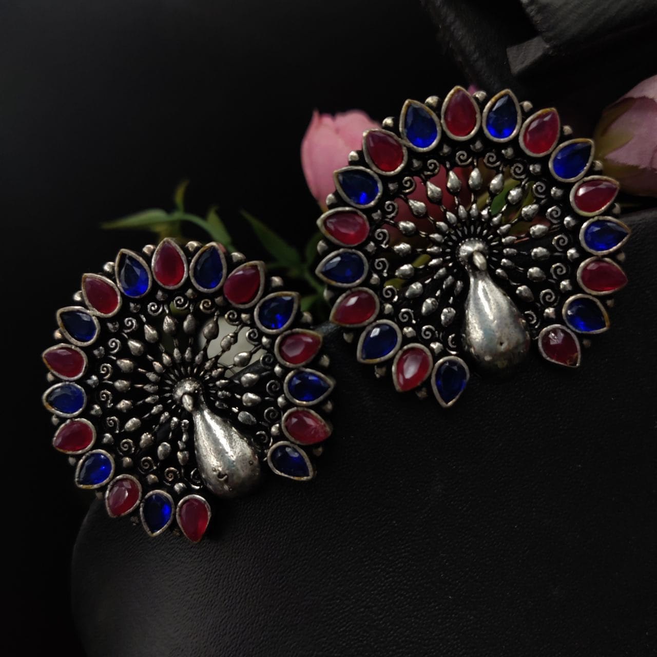 Oxidised Stone Work Peacock Stud Earrings For Girls
