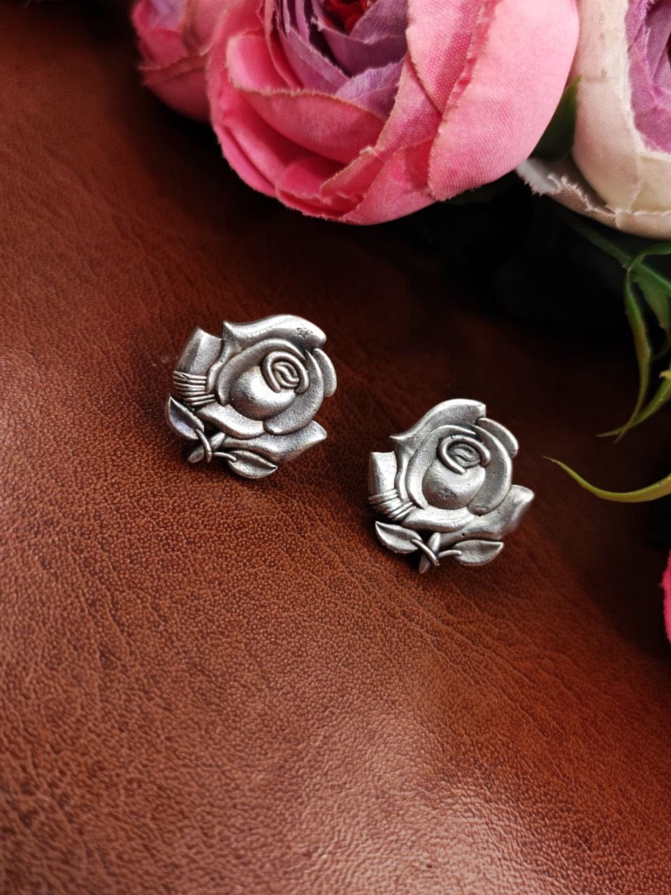 Oxidised Rose Earrings | Affordable Silver Replica Stud For Girls