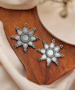 Silver Replica Flower Stud Earrings | Oxidized Hook Style Unique Jewelry For Girls
