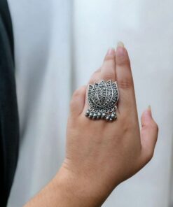 Adjustable Lotus Ring in Oxidized German Silver | Ethnic Jewelry for Women