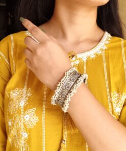 Handmade Cuff Bangle Silver Replica Floral Art | Unique Pearl Work Bracelet