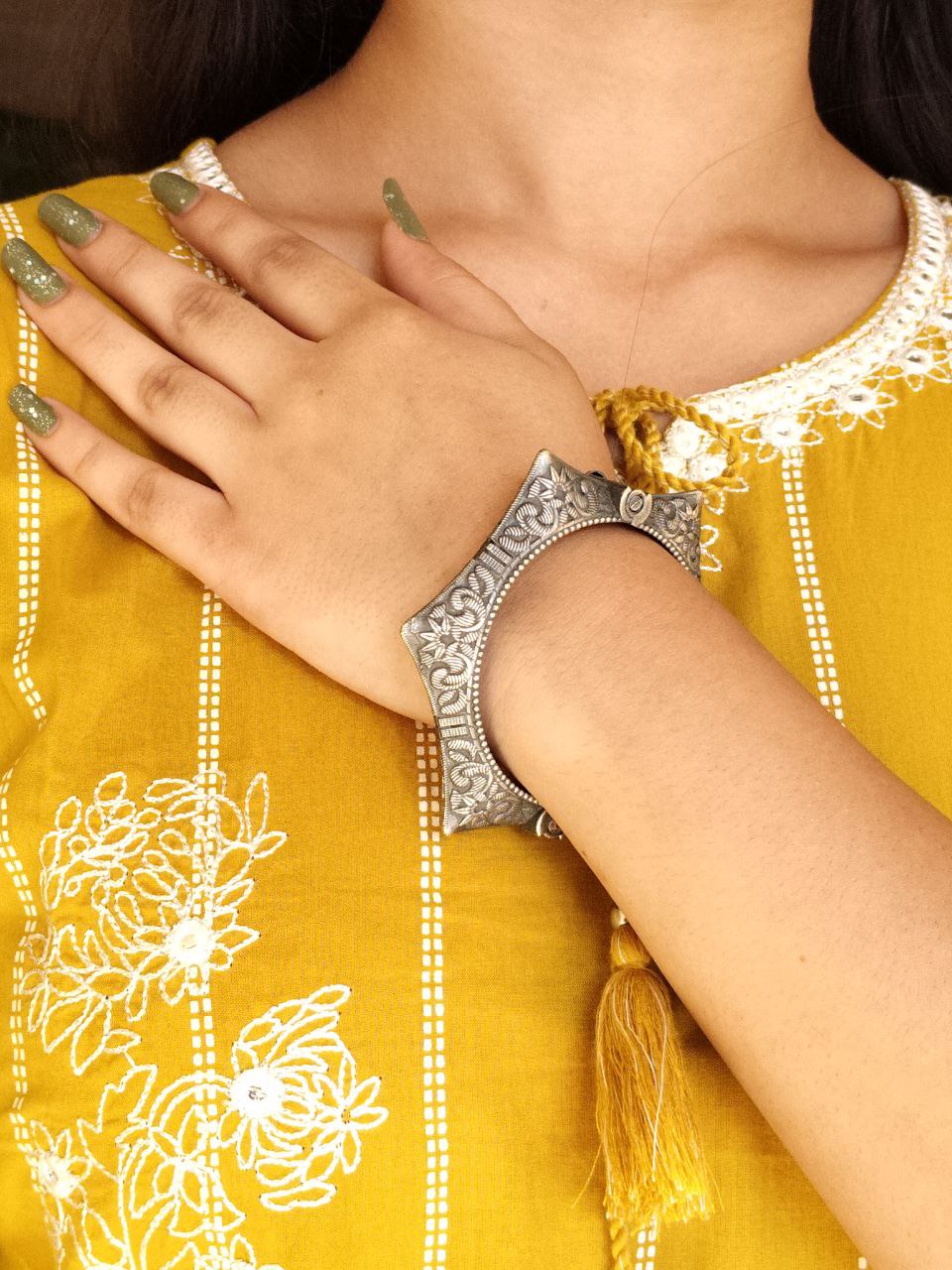 Silver Replica Floral Art Kada Bangle | Oxidized Free Sized Bracelet