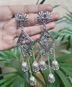 German Silver Peacock Flower Jhumki Dangler Earrings With Traditional Ghungroo Detailing
