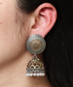 Handcrafted Two-Tone Jhumka Earrings | Pearl Work Traditional Beautiful Jewelry Gift For Her