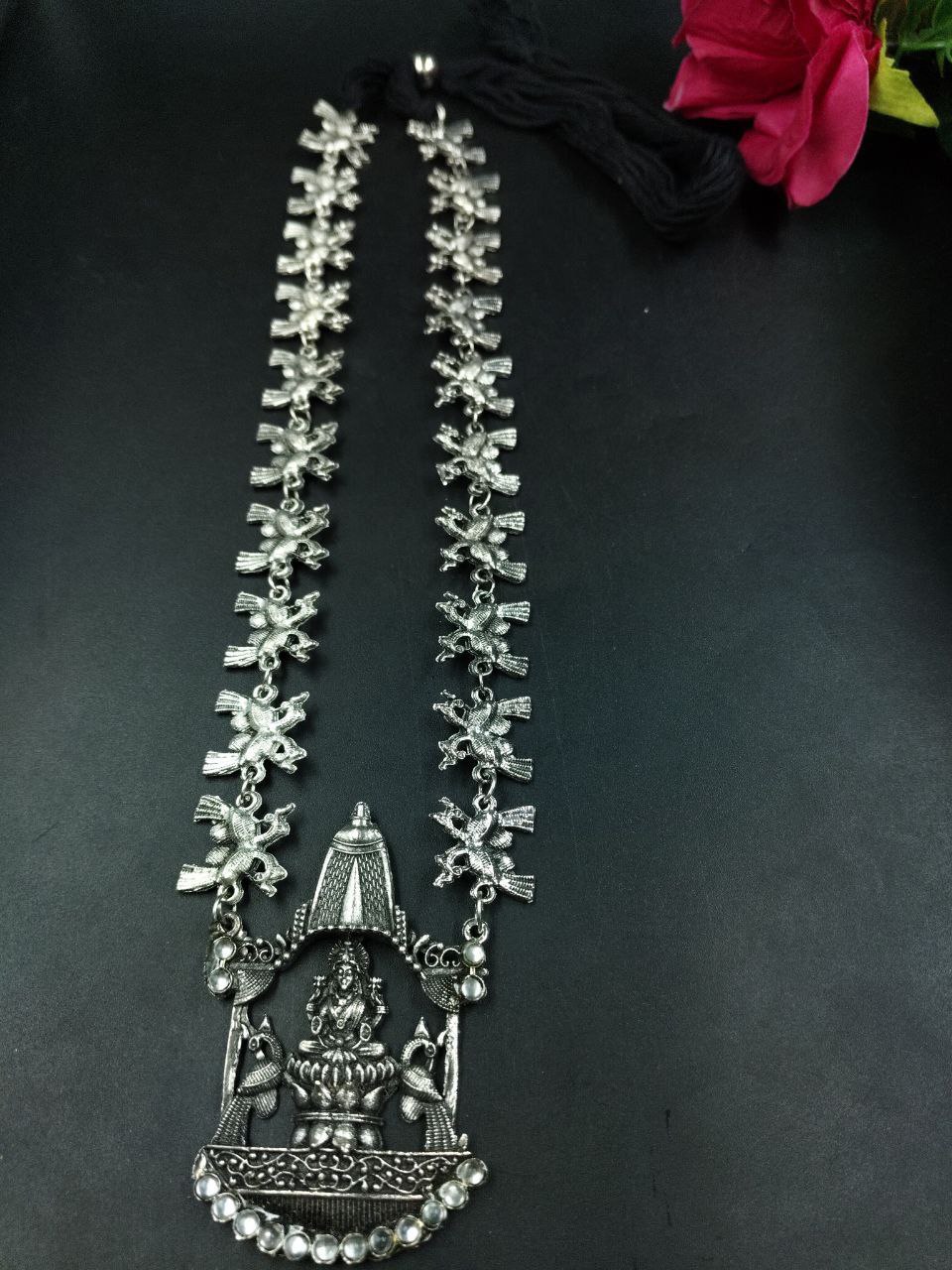 Maa Saraswati Religious Silver Plated Thread Necklace with Stone Work Ethnic Spiritual Jewelry