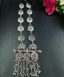 Unique Floral Art Peacock Design Silver Plated Thread Necklace with Elegant Stone And Pearl Work