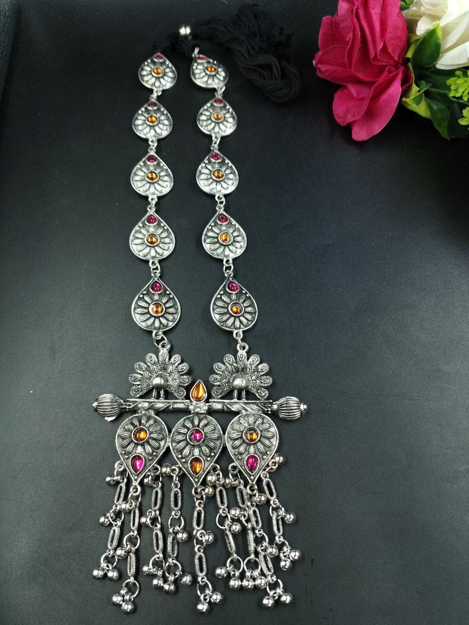 Unique Floral Art Peacock Design Silver Plated Thread Necklace with Elegant Stone And Pearl Work