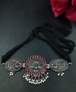 Peacock Design Silver Plated Thread Necklace with Stone and Pearl Work Ethnic Jewelry