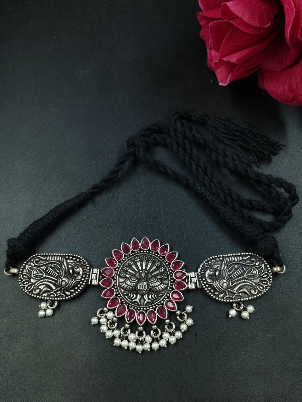 Peacock Design Silver Plated Thread Necklace with Stone and Pearl Work Ethnic Jewelry (Copy)