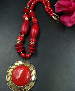 Designer Chunky Beaded Jewelry Necklace with Red Stone Work Perfect Gift for Women