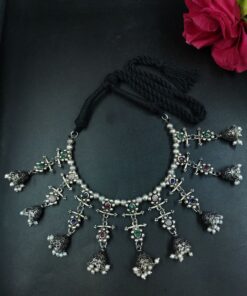 Tribal Oxidized Silver Plated Jhumka Necklace with Stone and Pearl Work Ethnic Jewelry