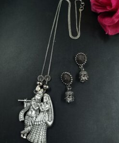 Silver Plated Radha Krishna Spiritual Chain Pendant with Divine Traditional Detailing