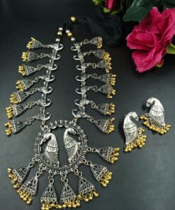 Silver Plated Bird Design Ethnic Necklace Set with Elegant Golden Beads Work