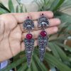 Oxidized Silver Replica Dangler Earrings with Intricate Stone Work Design