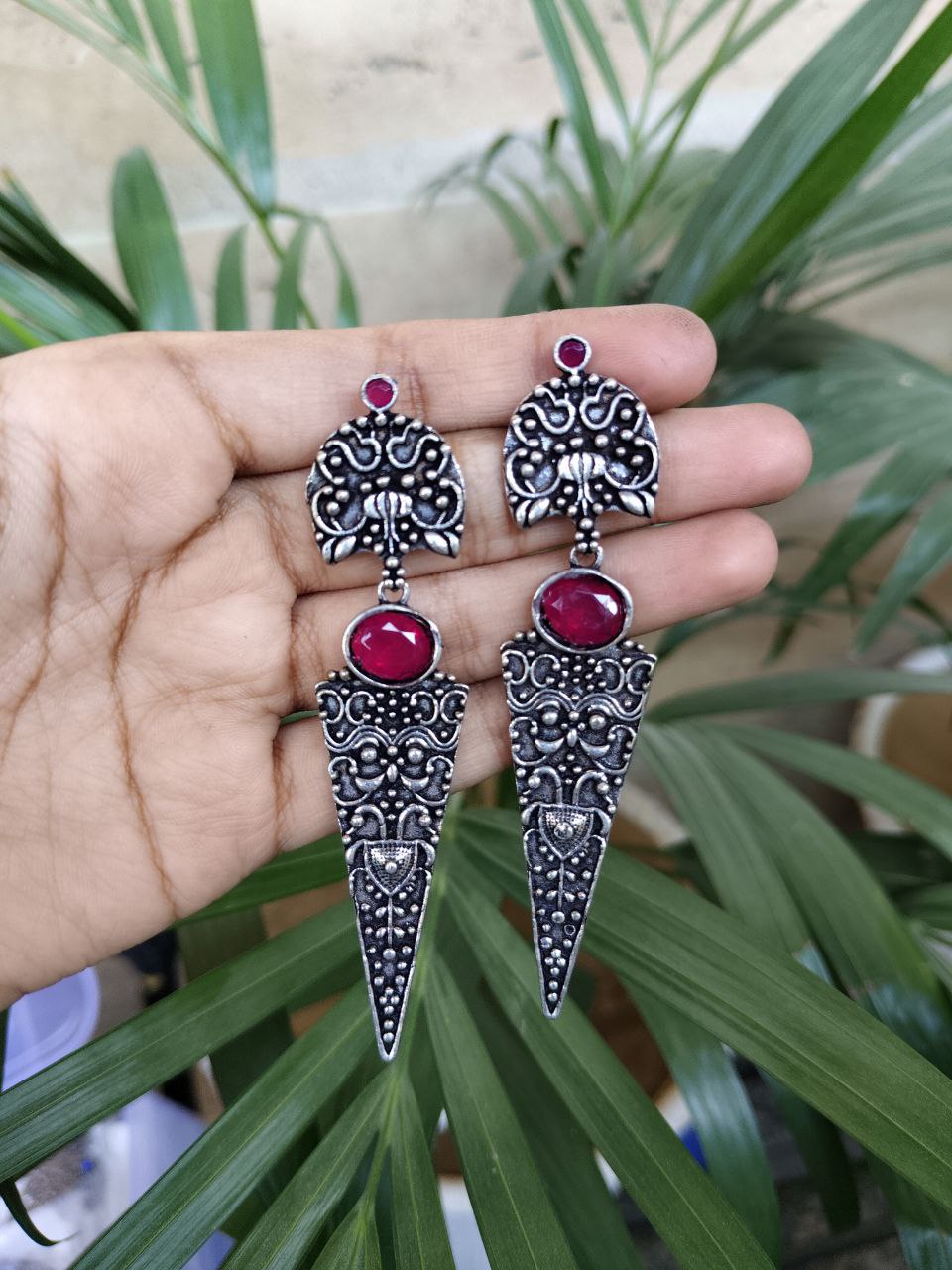 Oxidized Silver Replica Dangler Earrings with Intricate Stone Work Design
