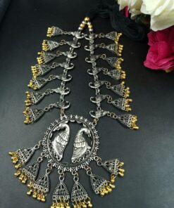Ethnic Silver Plated Bird Design Necklace with Beautiful Golden Beads Work