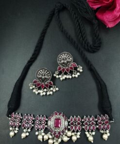 Silver Plated Boho Style Choker Necklace with Elegant Stone and Pearl Work