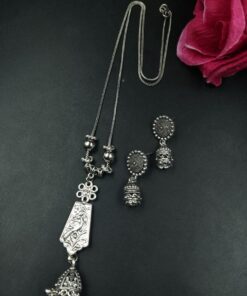 Floral Art Jhumki Ghungroo Oxidized German Silver Chain Necklace Set for Women Traditional Ethnic Jewelry