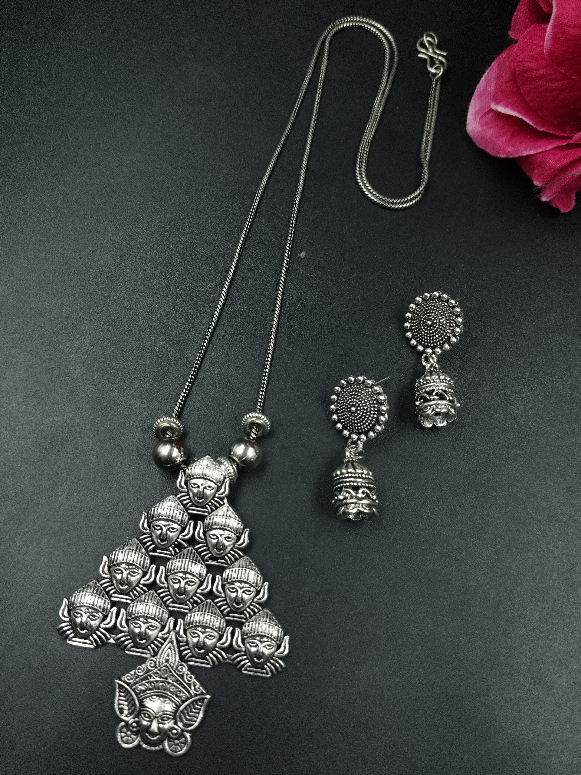 Religious Oxidized German Silver Chain Necklace Set for Women Traditional Ethnic Jewelry