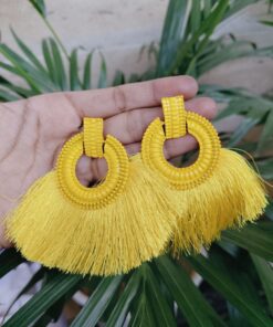 Boho Yellow Thread Tassel Hoop Earrings in Trendy and Stylish Tassel Design