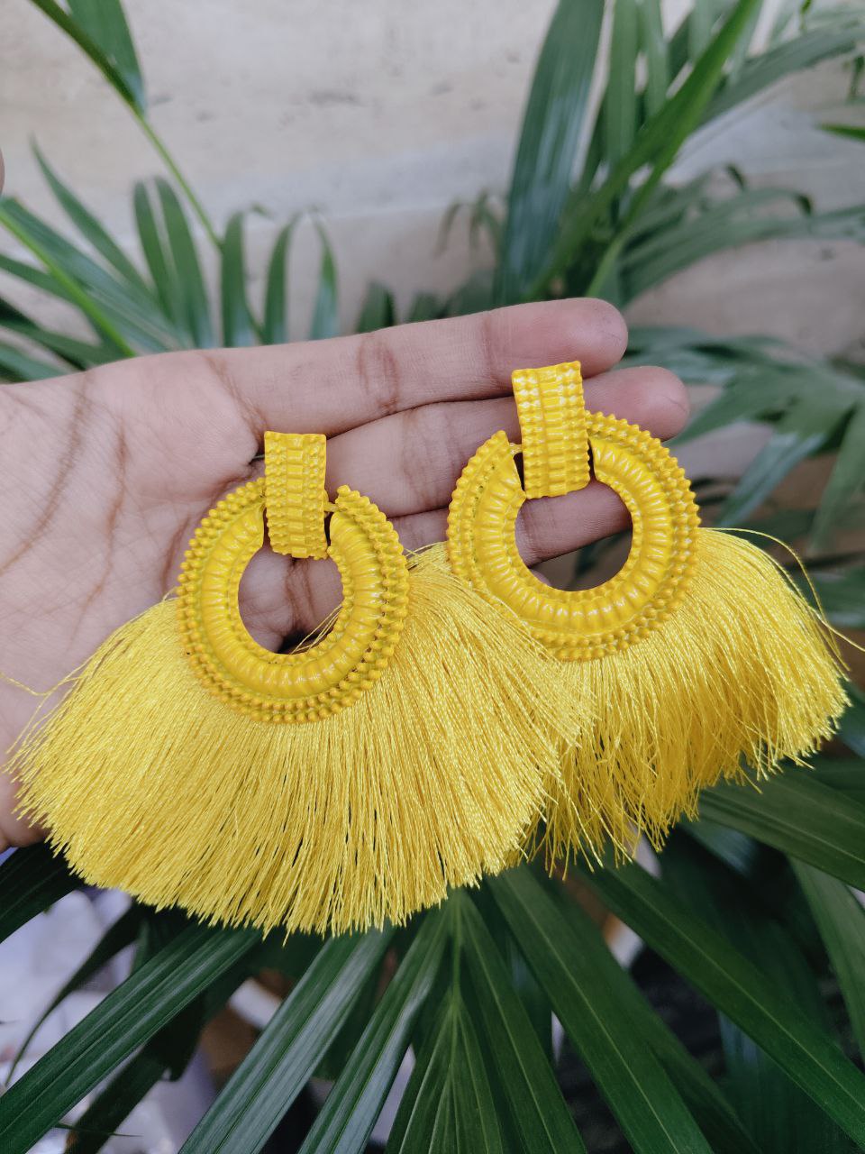 Boho Yellow Thread Tassel Hoop Earrings in Trendy and Stylish Tassel Design