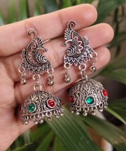 Oxidized Peacock Jhumka Dangler Earrings With Elegant Stone Work Design