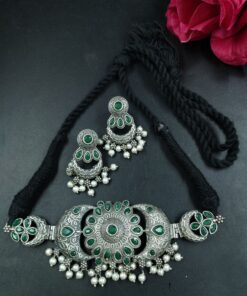 Floral Art Silver Plated Thread Necklace with Stone and Pearl Work Elegant Ethnic Jewelry
