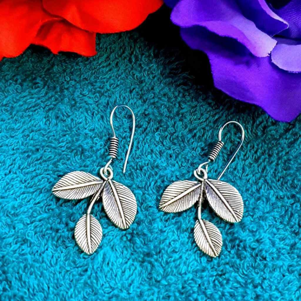 Leaf Design Hook Earrings in German Silver | Best Daily Wear Ear Jewelry