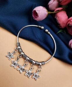 Oxidised Flower Design Free Size Opeanable Bracelet