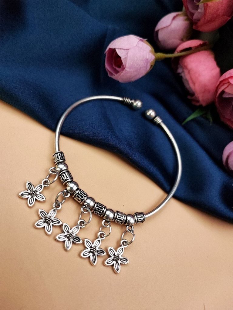 Oxidised Flower Design Free Size Opeanable Bracelet