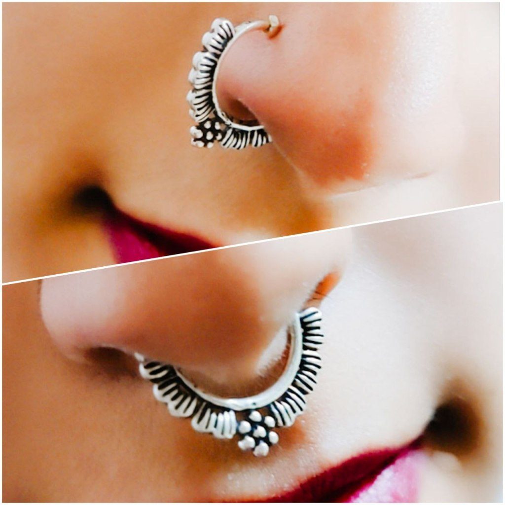 Oxidised Square Shape Stone Wire Nosepin For Girls - Image 9