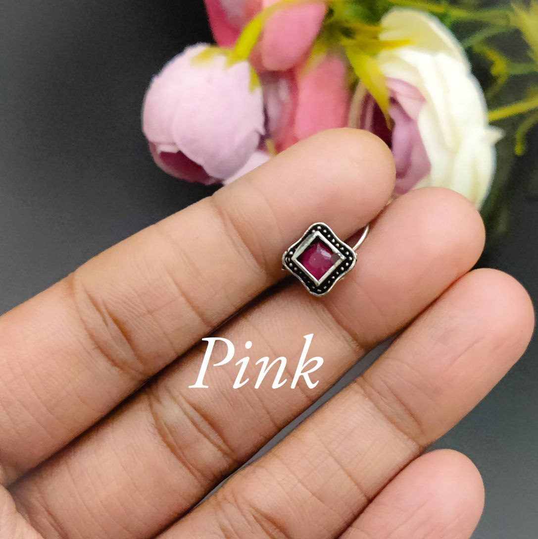 Oxidised Square Shape Stone Wire Nosepin For Girls - Image 3