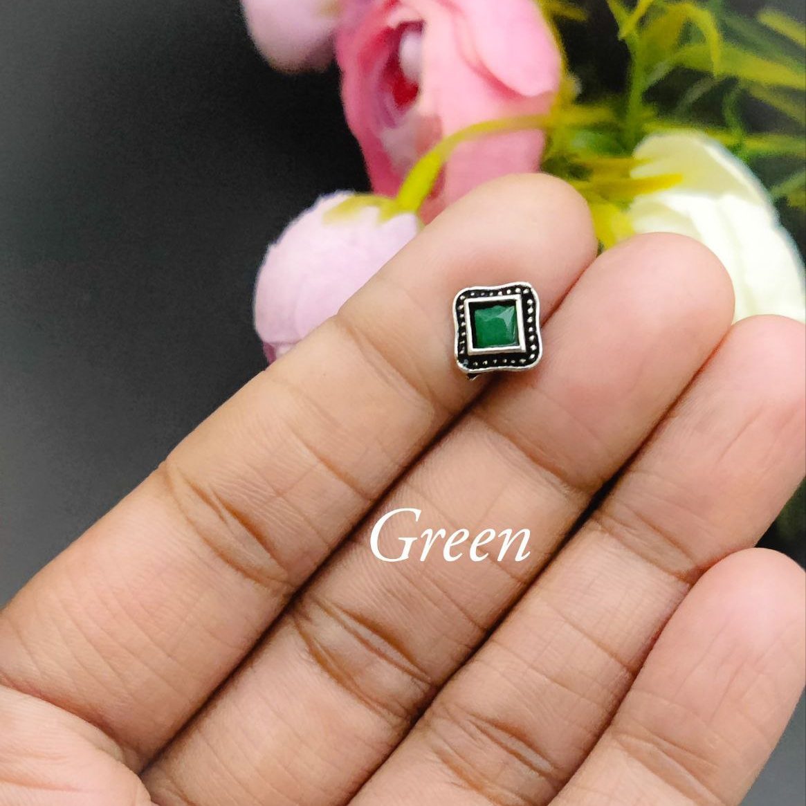 Oxidised Square Shape Stone Wire Nosepin For Girls