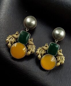 Alternative view of Elegant Peacock-Inspired Two-Tone Brass Earrings with Monalisa Stone ? A Contemporary Choice for Every Occasion