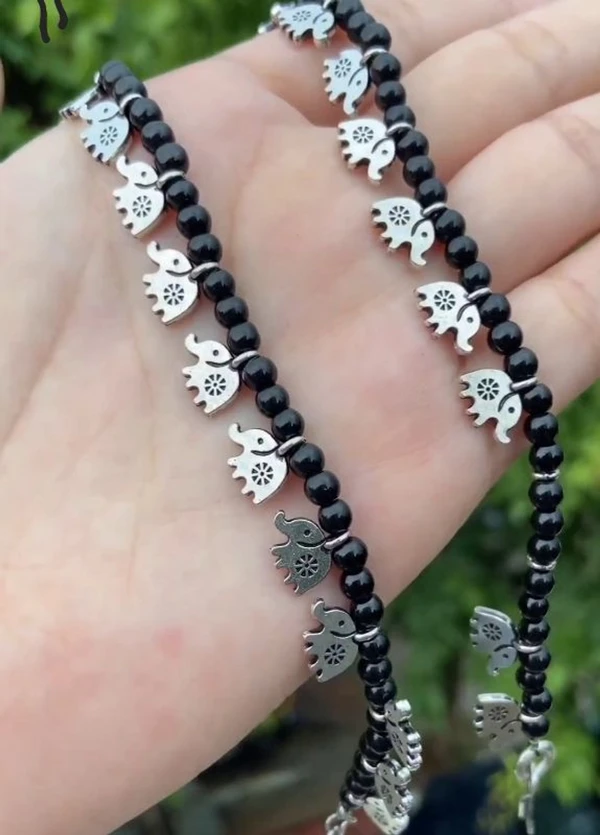 Silver Elephant Charm Anklets with Black Beads | Handcrafted Affordable Stylish Payal - Image 4