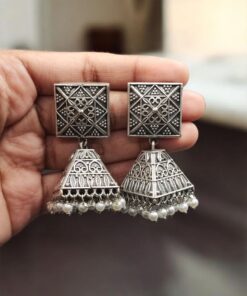 Alternative view of Traditional Oxidized Jhumka Earrings | Best Silver Replica Floral Art Design with Pearl Detailing