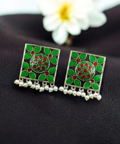Alternative view of Traditional Silver Plated Meenakari Stud Earrings | Oxidized Pearl Work Amazing Jewelry