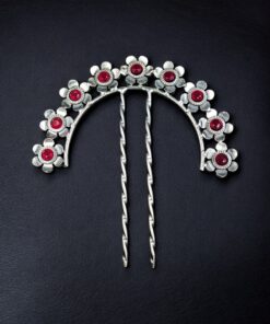 Alternative view of Ethnic Silver Plated Flower Bun Stick | Beautiful Hair Accessory with Stone Work