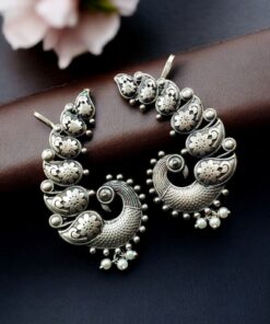 Silver Replica Unique Peacock Design Earcuff | Pearl Work Traditional Jewelry