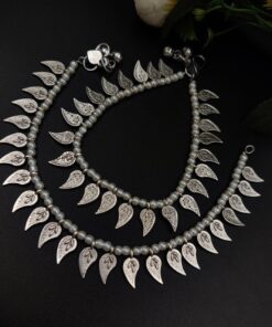 Alternative view of German Silver Oxidised Leaf Beads Anklet For Girls