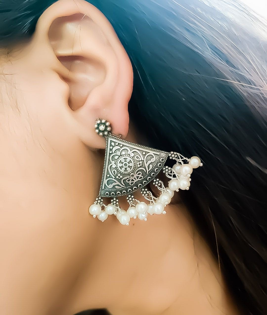 Antique Silver Look Like Designer Tringle Floral Art Stud Earrings For Girls