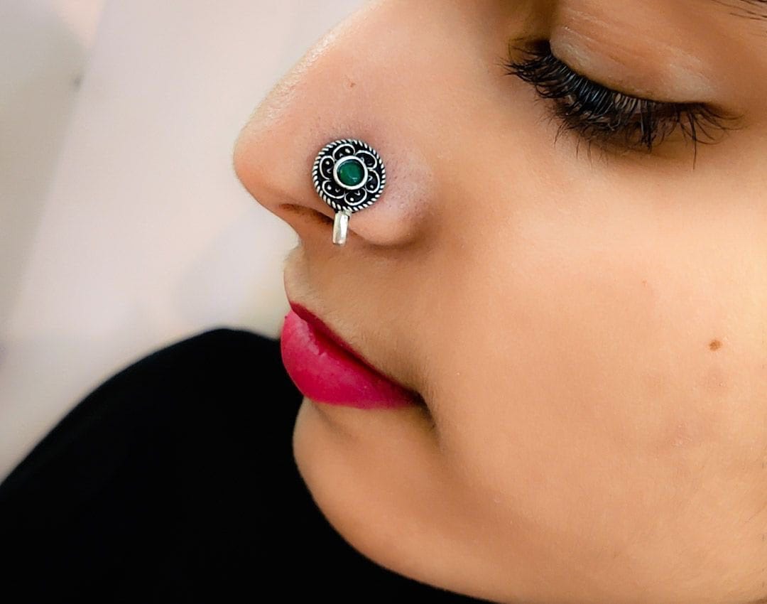Premium Quality Oxidised Stone Press Nosepin For Girls - Image 7