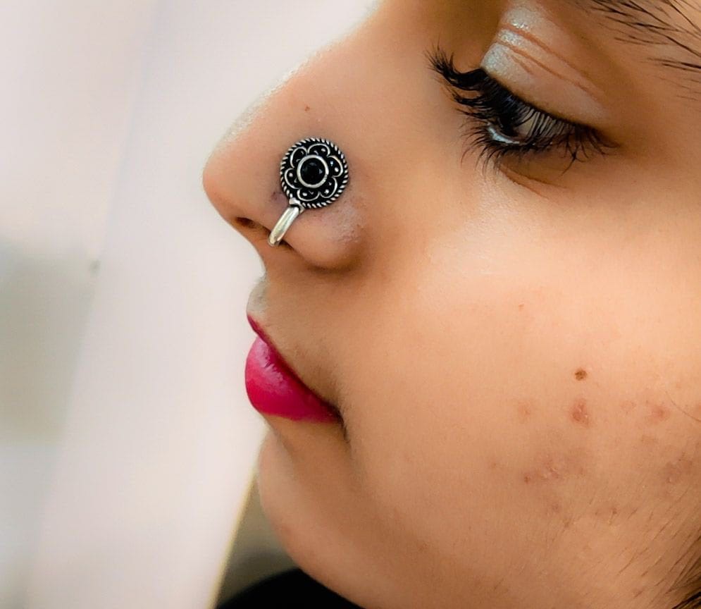 Premium Quality Oxidised Stone Press Nosepin For Girls