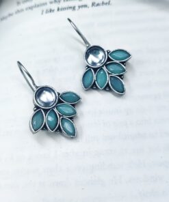 Oxidised Hook Earrings - Silver Replica Stone Work Earrings ( Daily Wear Earrings )