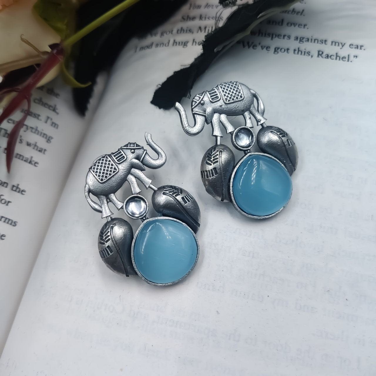 Traditional Silver Replica Elephant Design Earrings - Best Monalisa Stone Stud - Image 8